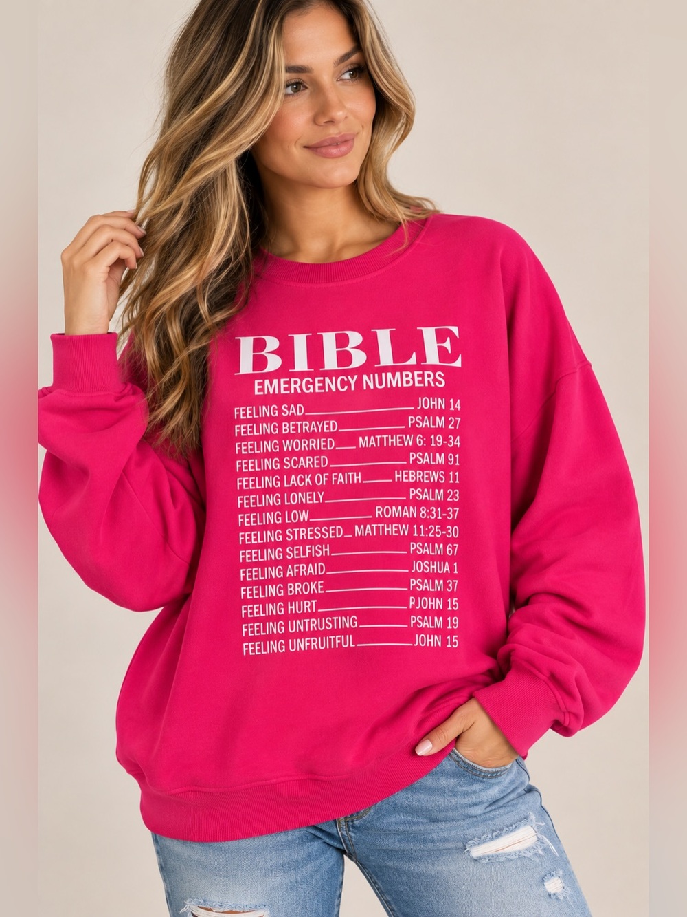 Bible Emergency Numbers Graphic Crewneck Sweatshirt - Hot Pink